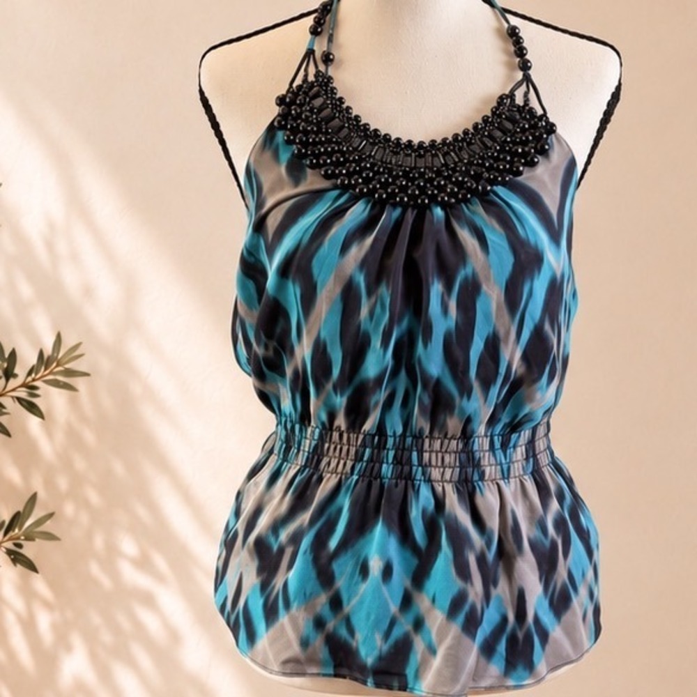 Bebe 100% Silk Halter Top Teal Blue Ikat Print Beaded Neckline Small Y2K